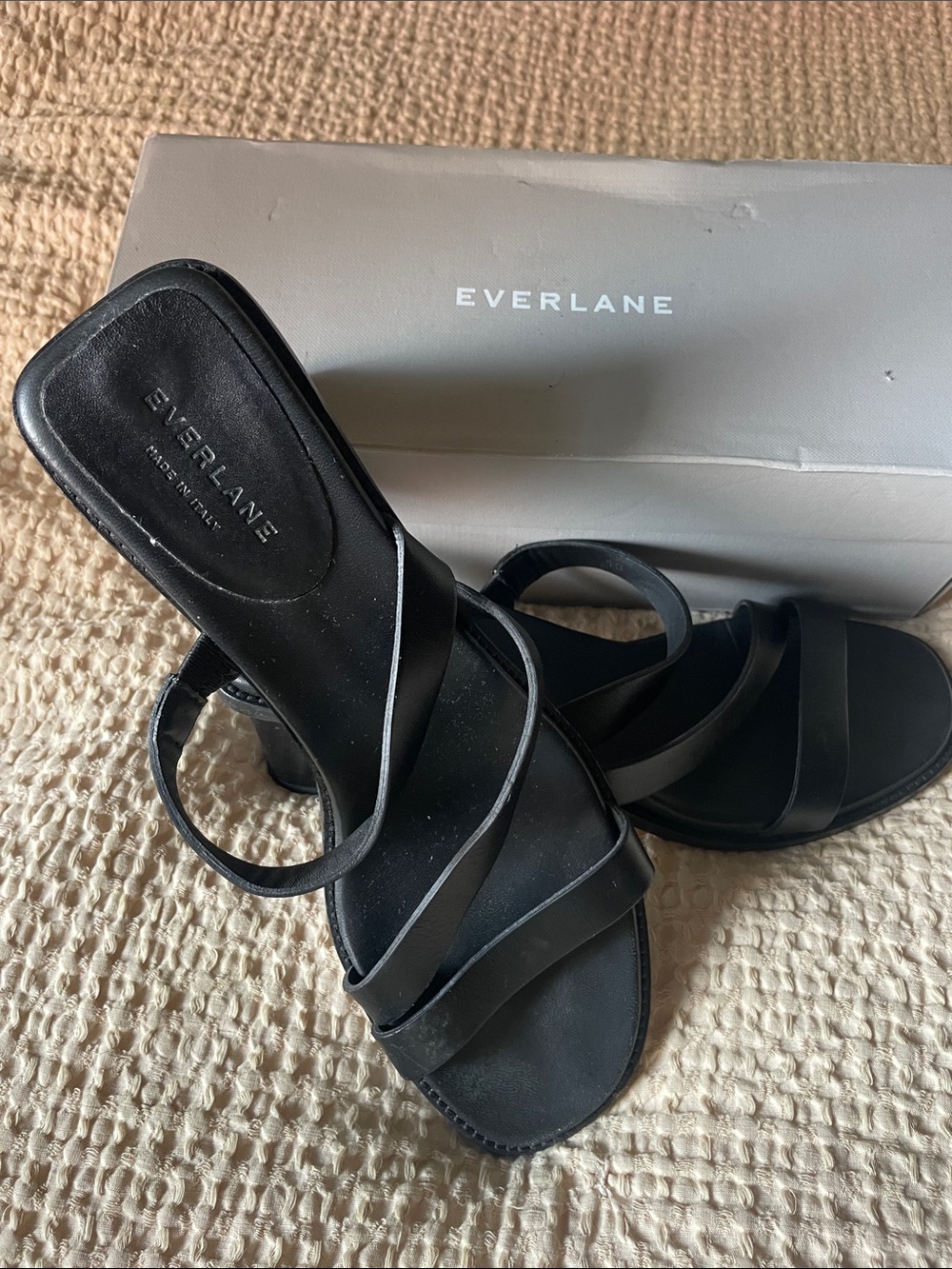 Everlane Black Leather Strappy Block Heel Sandals